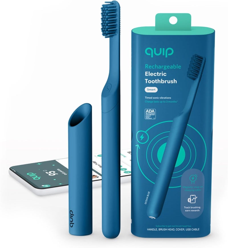 quip Rechargeable Smart Sonic Toothbrush for Adults - Timed Electric Toothbrush with Bluetooth & Rewards App - Replaceable Brush Head, Soft Bristles, Plastic Handle - Travel Toothbrush - Ocean Blue - Image 1